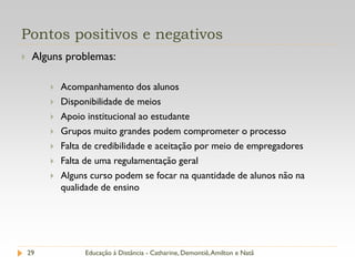Pontos positivos e negativos
    Alguns problemas:

            Acompanhamento dos alunos
            Disponibilidade de meios
            Apoio institucional ao estudante
            Grupos muito grandes podem comprometer o processo
            Falta de credibilidade e aceitação por meio de empregadores
            Falta de uma regulamentação geral
            Alguns curso podem se focar na quantidade de alunos não na
             qualidade de ensino




    29            Educação à Distância - Catharine, Demontiê, Amilton e Natã
 