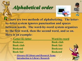 9



     Alphabetical order

  There are two methods of alphabetizing. The letter-
by-letter system ignores punctuation and spaces
between words. The word-by-word system organizes
by the first word, then the second word, and so on.
Here is an example:
   • Letter-by-letter                     Word-by-word
     Bookcase                             Book club
     Book club                            Book fair
     Bookend                              Bookcase
     Book fair                            Bookend
      • Glossary Of Library and Research Terms
        Introduction to Library Research
 