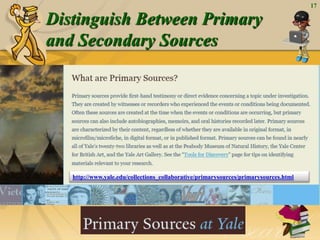 Distinguish Between Primary
and Secondary Sources
17
http://www.yale.edu/collections_collaborative/primarysources/primarysources.html
 