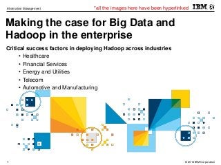 *all the images here have been hyperlinked 
Information Management 
Making the case for Big Data and 
Hadoop in the enterprise 
Critical success factors in deploying Hadoop across industries 
• Healthcare 
• Financial Services 
• Energy and Utilities 
• Telecom 
• Automotive and Manufacturing 
1 © 2014 IBM Corporation 
 