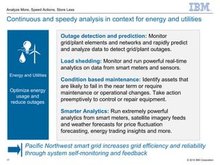 © 2014 IBM Corporation
Analyze More, Speed Actions, Store Less
17
Continuous and speedy analysis in context for energy and utilities
Outage detection and prediction: Monitor
grid/plant elements and networks and rapidly predict
and analyze data to detect grid/plant outages.
Load shedding: Monitor and run powerful real-time
analytics on data from smart meters and sensors.
Condition based maintenance: Identify assets that
are likely to fail in the near term or require
maintenance or operational changes. Take action
preemptively to control or repair equipment.
Smarter Analytics: Run extremely powerful
analytics from smart meters, satellite imagery feeds
and weather forecasts for price fluctuation
forecasting, energy trading insights and more.
Energy and Utilities
Optimize energy
usage and
reduce outages
Pacific Northwest smart grid increases grid efficiency and reliability
through system self-monitoring and feedback
 