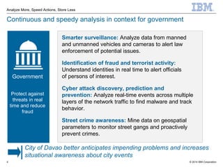© 2014 IBM Corporation
Analyze More, Speed Actions, Store Less
4
Continuous and speedy analysis in context for government
Smarter surveillance: Analyze data from manned
and unmanned vehicles and cameras to alert law
enforcement of potential issues.
Identification of fraud and terrorist activity:
Understand identities in real time to alert officials
of persons of interest.
Cyber attack discovery, prediction and
prevention: Analyze real-time events across multiple
layers of the network traffic to find malware and track
behavior.
Street crime awareness: Mine data on geospatial
parameters to monitor street gangs and proactively
prevent crimes.
Government
City of Davao better anticipates impending problems and increases
situational awareness about city events
Protect against
threats in real
time and reduce
fraud
 