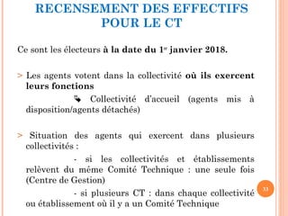 RECENSEMENT DES EFFECTIFS
POUR LE CT
Ce sont les électeurs à la date du 1er
janvier 2018.
> Les agents votent dans la collectivité où ils exercent
leurs fonctions
 Collectivité d’accueil (agents mis à
disposition/agents détachés)
> Situation des agents qui exercent dans plusieurs
collectivités :
- si les collectivités et établissements
relèvent du même Comité Technique : une seule fois
(Centre de Gestion)
- si plusieurs CT : dans chaque collectivité
ou établissement où il y a un Comité Technique
33
 