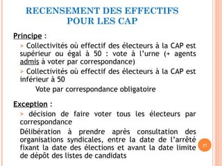 RECENSEMENT DES EFFECTIFS
POUR LES CAP
Principe :
> Collectivités où effectif des électeurs à la CAP est
supérieur ou égal à 50 : vote à l’urne (+ agents
admis à voter par correspondance)
> Collectivités où effectif des électeurs à la CAP est
inférieur à 50
Vote par correspondance obligatoire
Exception :
> décision de faire voter tous les électeurs par
correspondance
Délibération à prendre après consultation des
organisations syndicales, entre la date de l’arrêté
fixant la date des élections et avant la date limite
de dépôt des listes de candidats
37
 