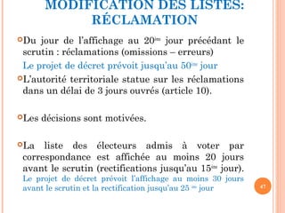 MODIFICATION DES LISTES:
RÉCLAMATION
Du jour de l’affichage au 20ème
jour précédant le
scrutin : réclamations (omissions – erreurs)
Le projet de décret prévoit jusqu’au 50ème
jour
L’autorité territoriale statue sur les réclamations
dans un délai de 3 jours ouvrés (article 10).
Les décisions sont motivées.
La liste des électeurs admis à voter par
correspondance est affichée au moins 20 jours
avant le scrutin (rectifications jusqu’au 15ème
jour).
Le projet de décret prévoit l’affichage au moins 30 jours
avant le scrutin et la rectification jusqu’au 25 ème
jour 47
 