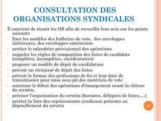 CONSULTATION DES
ORGANISATIONS SYNDICALES
Il convient de réunir les OS afin de recueillir leur avis sur les points
suivants
• fixer les modèles des bulletins de vote, des enveloppes
intérieures, des enveloppes extérieures
• arrêter le calendrier prévisionnel des opérations
• rappeler les règles de composition des listes de candidats
(complètes, incomplètes, excédentaires)
• proposer un modèle de dépôt de candidature
• prévoir un récépissé de dépôt des listes
• prévoir le format des professions de foi et leur date de
transmission pour mise sous pli des matériels de vote
• autoriser le début des opérations d’émargement avant la clôture
du scrutin,
• préciser l’organisation du scrutin (horaires, délégués de listes,…)
• arrêter la liste des représentants syndicaux présents au
dépouillement du scrutin 49
 
