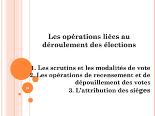62
Les opérations liées au
déroulement des élections
1. Les scrutins et les modalités de vote
2. Les opérations de recensement et de
dépouillement des votes
3. L’attribution des sièges
 