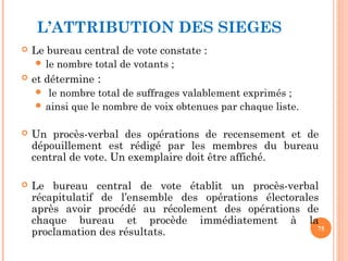 L’ATTRIBUTION DES SIEGES
 Le bureau central de vote constate :
 le nombre total de votants ;
 et détermine :
  le nombre total de suffrages valablement exprimés ;
 ainsi que le nombre de voix obtenues par chaque liste.
 Un procès-verbal des opérations de recensement et de
dépouillement est rédigé par les membres du bureau
central de vote. Un exemplaire doit être affiché.
 Le bureau central de vote établit un procès-verbal
récapitulatif de l’ensemble des opérations électorales
après avoir procédé au récolement des opérations de
chaque bureau et procède immédiatement à la
proclamation des résultats. 75
 