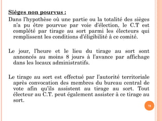 Sièges non pourvus :
Dans l’hypothèse où une partie ou la totalité des sièges
n’a pu être pourvue par voie d’élection, le C.T est
complété par tirage au sort parmi les électeurs qui
remplissent les conditions d’éligibilité à ce comité.
Le jour, l’heure et le lieu du tirage au sort sont
annoncés au moins 8 jours à l’avance par affichage
dans les locaux administratifs.
Le tirage au sort est effectué par l’autorité territoriale
après convocation des membres du bureau central de
vote afin qu’ils assistent au tirage au sort. Tout
électeur au C.T. peut également assister à ce tirage au
sort.
78
 
