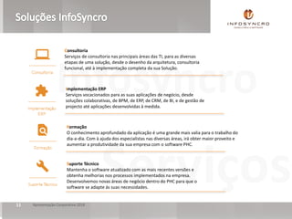 Serviços
Infosyncro
Apresentação Corporativa 201811
Consultoria
Serviços de consultoria nas principais áreas das TI, para as diversas
etapas de uma solução, desde o desenho da arquitetura, consultoria
funcional, até à implementação completa da sua Solução.
Implementação ERP
Serviços vocacionados para as suas aplicações de negócio, desde
soluções colaborativas, de BPM, de ERP, de CRM, de BI, e de gestão de
projecto até aplicações desenvolvidas à medida.
Formação
O conhecimento aprofundado da aplicação é uma grande mais valia para o trabalho do
dia-a-dia. Com à ajuda dos especialistas nas diversas áreas, irá obter maior proveito e
aumentar a produtividade da sua empresa com o software PHC.
Suporte Técnico
Mantenha o software atualizado com as mais recentes versões e
obtenha melhorias nos processos implementados na empresa.
Desenvolvemos novas áreas de negócio dentro do PHC para que o
software se adapte ás suas necessidades.
 