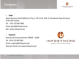 13 Apresentação Corporativa 2018
• Sede
Zoom Business Park Edifício D, Piso 1, Nº 3 E.N. 249–3, Estrada de Paço de Arcos
2735-307 Cacém
Tel +351 215 867 800
Email geral@infosyncro.pt
Site www.infosyncro.pt
• Suporte
Horário de funcionamento: 09h00 - 18:00
Tel +351 215 867 801
Email suporte@infosyncro.pt
Área de cliente em www.infosyncro.pt
 