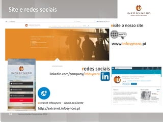 14 Apresentação Corporativa 2018
www.infosyncro.pt
redes sociais
visite o nosso site
linkedin.com/company/infosyncro
extranet Infosyncro – Apoio ao Cliente
http://extranet.infosyncro.pt
 