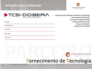 PARCEIROApresentação Corporativa 20189
Arquitectura de Sistemas (Hardware e Software)
Licenciamento da Solução
Serviços de Implementação
Serviços de Manutenção
Serviços de Suporte
Serviços de Formação
Fornecimento de Tecnologia
 