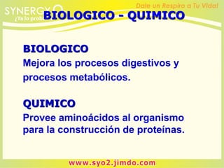 BIOLOGICO
Mejora los procesos digestivos y
procesos metabólicos.
BIOLOGICO - QUIMICO
QUIMICO
Provee aminoácidos al organismo
para la construcción de proteínas.
 