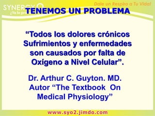 “Todos los dolores crónicos
Sufrimientos y enfermedades
son causados por falta de
Oxígeno a Nivel Celular”.
Dr. Arthur C. Guyton. MD.
Autor “The Textbook On
Medical Physiology”
TENEMOS UN PROBLEMA
 