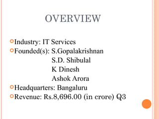 OVERVIEW Industry: IT Services Founded(s): S.Gopalakrishnan S.D. Shibulal K Dinesh Ashok Arora Headquarters: Bangaluru Revenue: Rs. 8,696.00 (in crore) Q3 