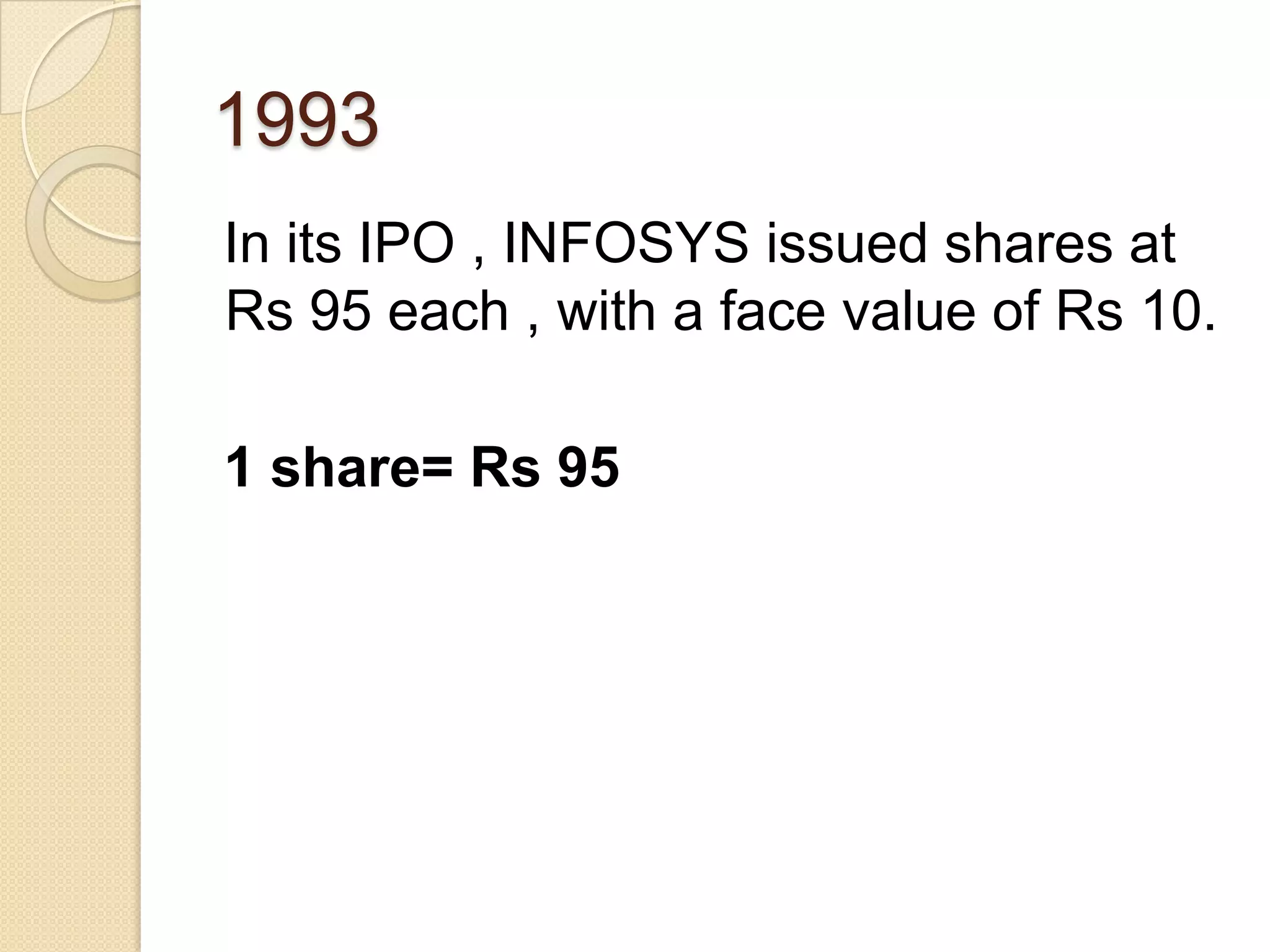 1993
In its IPO , INFOSYS issued shares at
Rs 95 each , with a face value of Rs 10.

1 share= Rs 95
 