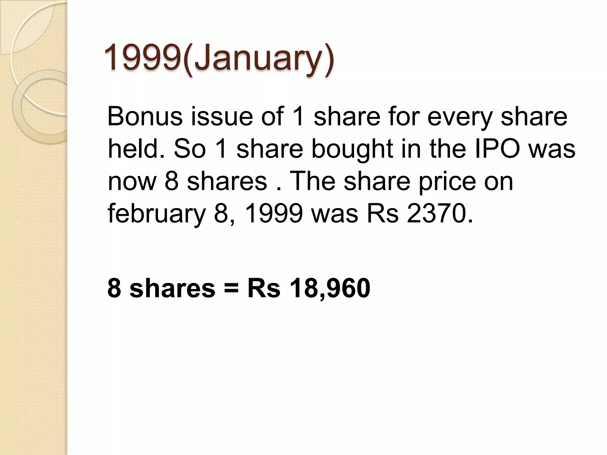 1999(January)
Bonus issue of 1 share for every share
held. So 1 share bought in the IPO was
now 8 shares . The share price on
february 8, 1999 was Rs 2370.

8 shares = Rs 18,960
 