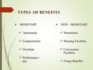 TYPES OF BENEFITS
 NON – MONETARY
 Promotions
 Housing Facilities
 Conveyance
Facilities
 Fringe Benefits
 MONETARY
 Increments
 Compensation
 Overtime
 Performance -
pay
 
