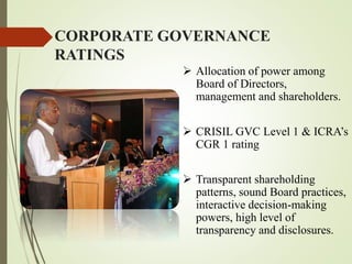 CORPORATE GOVERNANCE
RATINGS
 Allocation of power among
Board of Directors,
management and shareholders.
 CRISIL GVC Level 1 & ICRA’s
CGR 1 rating
 Transparent shareholding
patterns, sound Board practices,
interactive decision-making
powers, high level of
transparency and disclosures.
 