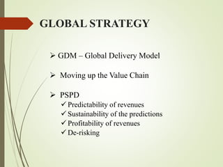 GLOBAL STRATEGY
 GDM – Global Delivery Model
 Moving up the Value Chain
 PSPD
 Predictability of revenues
 Sustainability of the predictions
 Profitability of revenues
 De-risking
 