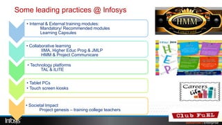 Some leading practices @ Infosys
   • Internal & External training modules:
           Mandatory/ Recommended modules
           Learning Capsules


   • Collaborative learning
           IIMA, Higher Educ Prog & JMLP
           HMM & Project Communicare

   • Technology platforms
          TAL & ILITE


   • Tablet PCs
   • Touch screen kiosks


   • Societal Impact
          Project genesis – training college teachers
 