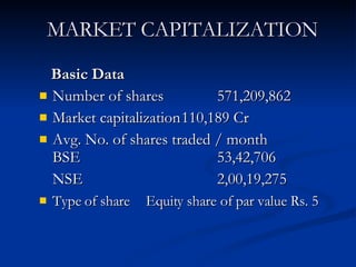 MARKET CAPITALIZATION Basic Data   Number of shares  571,209,862  Market capitalization 110,189 Cr Avg. No. of shares traded / month  BSE 53,42,706  NSE 2,00,19,275 Type of share Equity share of par value Rs. 5   