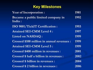 Key Milestones 2006 Crossed $ 2 billion in revenues : 2004  Crossed $ billion in revenues :  2002  Crossed $ half a billion in revenues :  2001  Crossed $400 million in revenues :  1999  Attained SEI-CMM Level 5 :  1999  Crossed $100 million in annual revenues :  1999  Listed on NASDAQ :  1997  Attained SEI-CMM Level 4 :  1993  ISO 9001/TickIT Certification :  1992  Became a public limited company in India :  1981  Year of Incorporation :  
