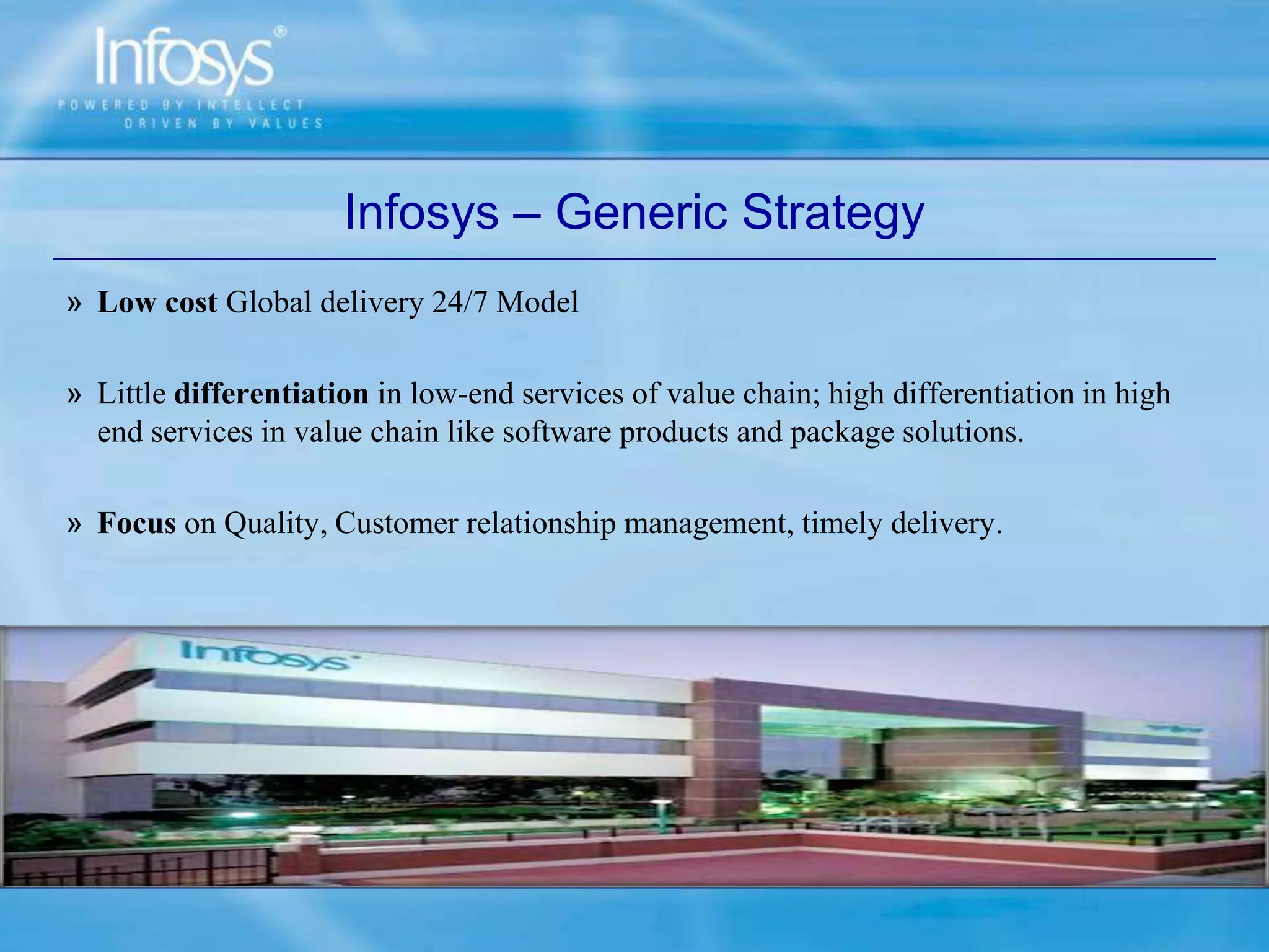 Infosys – Generic Strategy
» Low cost Global delivery 24/7 Model
» Little differentiation in low-end services of value chain; high differentiation in high
end services in value chain like software products and package solutions.
» Focus on Quality, Customer relationship management, timely delivery.
 