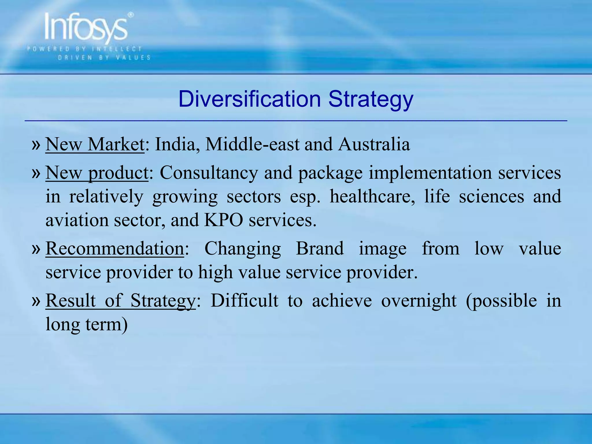 Diversification Strategy
» New Market: India, Middle-east and Australia
» New product: Consultancy and package implementation services
in relatively growing sectors esp. healthcare, life sciences and
aviation sector, and KPO services.
» Recommendation: Changing Brand image from low value
service provider to high value service provider.
» Result of Strategy: Difficult to achieve overnight (possible in
long term)
 