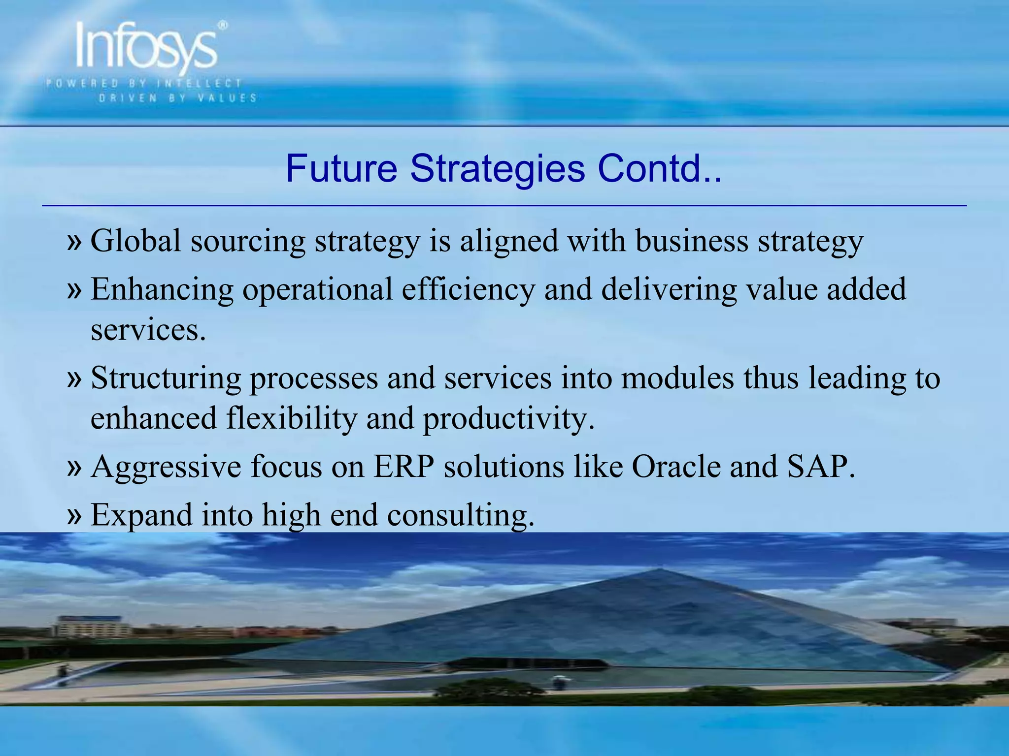 Future Strategies Contd..
» Global sourcing strategy is aligned with business strategy
» Enhancing operational efficiency and delivering value added
services.
» Structuring processes and services into modules thus leading to
enhanced flexibility and productivity.
» Aggressive focus on ERP solutions like Oracle and SAP.
» Expand into high end consulting.
 