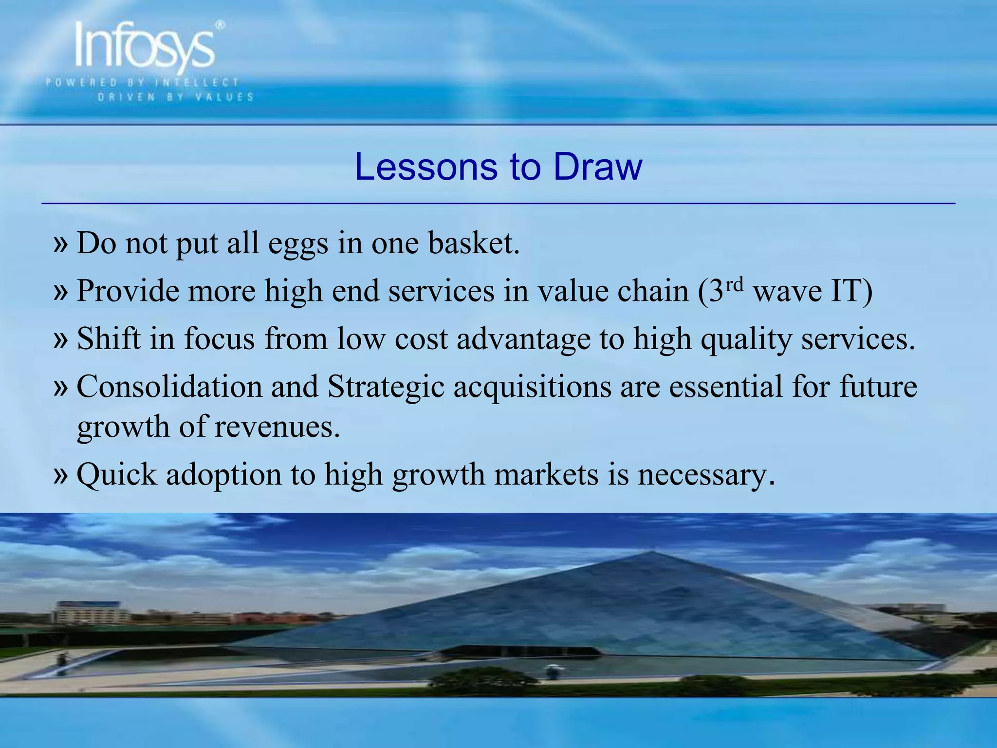 Lessons to Draw
» Do not put all eggs in one basket.
» Provide more high end services in value chain (3rd wave IT)
» Shift in focus from low cost advantage to high quality services.
» Consolidation and Strategic acquisitions are essential for future
growth of revenues.
» Quick adoption to high growth markets is necessary.
 