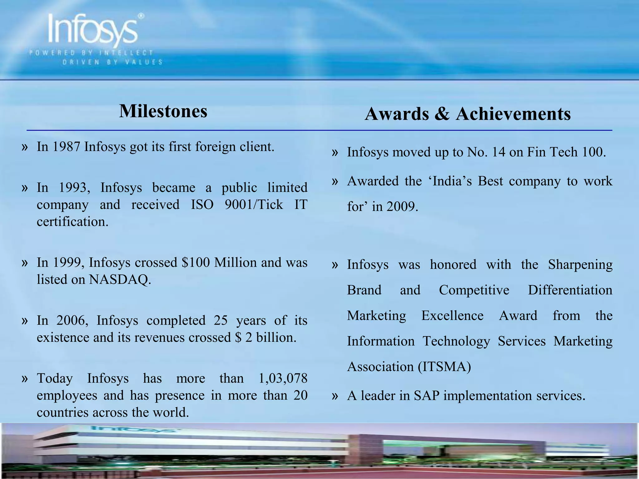 Milestones
» In 1987 Infosys got its first foreign client.
» In 1993, Infosys became a public limited
company and received ISO 9001/Tick IT
certification.
» In 1999, Infosys crossed $100 Million and was
listed on NASDAQ.
» In 2006, Infosys completed 25 years of its
existence and its revenues crossed $ 2 billion.
» Today Infosys has more than 1,03,078
employees and has presence in more than 20
countries across the world.
Awards & Achievements
» Infosys moved up to No. 14 on Fin Tech 100.
» Awarded the ‘India’s Best company to work
for’ in 2009.
» Infosys was honored with the Sharpening
Brand and Competitive Differentiation
Marketing Excellence Award from the
Information Technology Services Marketing
Association (ITSMA)
» A leader in SAP implementation services.
 