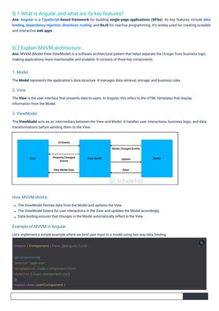 Q.2 Explain MVVM architecture.
Ans: MVVM (Model-View-ViewModel) is a software architectural pattern that helps separate the UI logic from business logic,
making applications more maintainable and scalable. It consists of three key components:
Q.1 What is Angular, and what are its key features?
Ans: Angular is a TypeScript-based framework for building single-page applications (SPAs). Its key features include data
binding, dependency injection, directives, routing, and RxJS for reactive programming. It’s widely used for creating scalable
and interactive web apps.
The ViewModel fetches data from the Model and updates the View.
The ViewModel listens for user interactions in the View and updates the Model accordingly.
Data binding ensures that changes in the Model automatically reﬂect in the View.
Let's implement a simple example where we bind user input to a model using two-way data binding:
The Model represents the application's data structure. It manages data retrieval, storage, and business rules.
The ViewModel acts as an intermediary between the View and Model. It handles user interactions, business logic, and data
transformations before sending them to the View.
The View is the user interface that presents data to users. In Angular, this refers to the HTML templates that display
information from the Model.
2. View
1. Model
3. ViewModel
How MVVM Works:
Example of MVVM in Angular
@Component({
selector: 'app-user',
templateUrl: './user.component.html',
styleUrls: ['./user.component.css']
})
export class UserComponent {
import { Component } from '@angular/core';
 