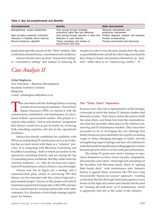 predicated upon the success of the “Pilot” module. This
would demonstrate Infosys’ commitment and confidence.
Infosys should move up from “transaction selling”
to “consultative selling” and instead of reducing its
The “Value Chain” Imperative
In many ways, this case is representative of the strategic
crossroads at which the Indian IT industry leaders find
themselves today. They clearly realize the need to climb
the value-chain, and break free from the commoditiza-
tion that has inevitably taken place in the offshore out-
sourcing and IT maintenance markets. They have been
successful so far in leveraging the cost arbitrage that
Indian manpower provided them; but rapidly escalating
wages in India, emerging shortages in talent, and the
strengthening rupee exchange rate have all combined to
make that model incapable of providing aggressive future
business growth which is in line with past performance.
The Indian IT giants now need a strategy to repo-
sition themselves as firms which can play competently
all across the value chain – from high-end consulting (of
the Excalibur and Merrimac kind), down to “getting
their hands dirty” with maintenance jobs. Industry
history is against them; customers like PFS have long
favoured the “horses for courses” approach – working
on the basis that the thorough-bred (and expensive) race
horses at the high end cannot (and should not) be used
for “hauling the bulk load” of IT maintenance, which
is apparently best left to the mules of the industry.
127
Table 3: Key Accomplishments and Benefits
Accomplishments Benefits Skills Demonstrated
Reengineering project assignments Cost savings through increased Resource rationalization and
productivity rather than just offshoring productivity improvement
Data corruption prevention subroutine Cost savings through reduction in down time Problem diagnosis, analysis, and resolution
Reduction in disability claims reserves Reduction in cash reserves Process re-engineering
Record comparison algorithm Timely submission and release of Process improvement and fine-tuning
end-of-month CPU time
margins in order to win the deal, should show the value
in quantifiable terms and all the other long-term benefits
they bring to board and position themselves as “part-
ners” rather than as an “outsourcing vendor.”
Case Analysis II
Achal Raghavan
Vice President – Business Development
Sundram Fasteners Limited
Bangalore
e-mail: achalraghavan@yahoo.co.in
T
his case deals with the challenge Infosys is facing
in terms of convincing its customer—Prairie Four
Square Insurance (PFS)—to entrust it with the
customization, installation, and maintenance of a Java-
based Ariba® e-procurement system. This project is a
typical value-added, “end-to-end solution” assignment
that Infosys would love to get its hands on, involving
both consulting expertise and day-to-day operational
excellence.
Infosys has already established its credibility with
PFS as an outstanding IT maintenance service provider,
but has no track record with them as a “solution” pro-
vider. It is competing with Merrimac Consulting and
Excalibur Consulting – both of whom are leaders in the
operations consulting domain, and are among the top
15 consulting firms worldwide. But they suffer from the
converse weakness – i.e., they do not have any experi-
ence in IT maintenance, which is Infosys’ area of strength.
Infosys now has to figure out a strategy and a
communication plan, aimed at convincing PFS that
Infosys can be entrusted with this critical high-end e-
procurement project. Success in this project will unlock
tremendous potential for larger jobs within PFS, and also
act as a launch-pad for winning similar jobs with other
customers. It is, therefore, a bid of high strategic signifi-
cance for Infosys.
VIKALPA • VOLUME 32 • NO 4 • OCTOBER - DECEMBER 2007 131
131
 