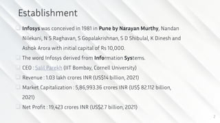 Establishment
 Infosys was conceived in 1981 in Pune by Narayan Murthy, Nandan
Nilekani, N S Raghavan, S Gopalakrishnan, S D Shibulal, K Dinesh and
Ashok Arora with initial capital of Rs 10,000.
 The word Infosys derived from Information Systems.
 CEO : Salil Parekh (IIT Bombay, Cornell University)
 Revenue : 1.03 lakh crores INR (US$14 billion, 2021)
 Market Capitalization : 5,86,993.36 crores INR (US$ 82.112 billion,
2021)
 Net Profit : 19,423 crores INR (US$2.7 billion, 2021)
2
 
