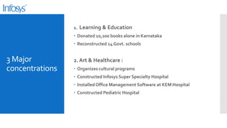 1. Learning & Education
 Donated 10,200 books alone in Karnataka
 Reconstructed 14 Govt. schools

3 Major
concentrations

2. Art & Healthcare :
 Organizes cultural programs

 Constructed Infosys Super Specialty Hospital
 Installed Office Management Software at KEM Hospital
 Constructed Pediatric Hospital

 