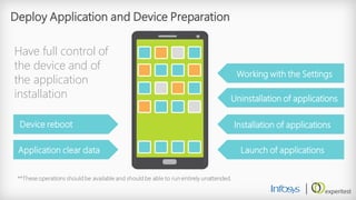 Deploy Application and Device Preparation 
**These operations should be available and should be able to run entirely unattended. 
Device reboot 
Application clear data 
Uninstallation of applications 
Installation of applications 
Launch of applications 
Have full control of the device and of the application installation 
Working with the Settings  