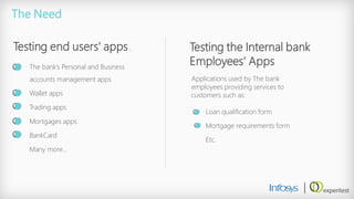 The bank’s Personal and Business accounts management apps 
Wallet apps 
Trading apps 
Mortgages apps 
BankCard 
Many more… 
The Need 
Testing end users' apps 
Testing the Internal bank Employees’ Apps 
Loan qualification form 
Mortgage requirements form 
Etc. 
Applications used by The bank employees providing services to customers such as:  