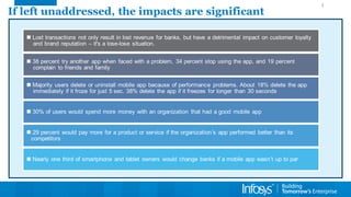 If left unaddressed, the impacts are significant 
Lost transactions not only result in lost revenue for banks, but have a detrimental impact on customer loyalty and brand reputation –it's a lose-lose situation. 
38 percent try another app when faced with a problem, 34 percent stop using the app, and 19 percent complain to friends and family 
Majority users delete or uninstall mobile app because of performance problems. About 18% delete the app immediately if it froze for just 5 sec. 38% delete the app if it freezes for longer than 30 seconds 
30% of users would spend more money with an organization that had a good mobile app 
29 percent would pay more for a product or service if the organization’s app performed better than its competitors 
Nearly one third of smartphone and tablet owners would change banks if a mobile app wasn’t up to par  