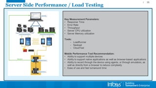 Server Side Performance / Load Testing 
35 
Key Measurement Parameters: 
•Response Time 
•Error Rate 
•Throughput 
•Server CPU utilization 
•Server Memory utilization 
Tools: 
-LoadRunner 
-Neoload 
-CloudTest 
Mobile Performance Tool Recommendation: 
•Ability to support multiple devices 
•Ability to support native applications as well as browser-based applications 
•Ability to record through the device using agents, or through emulators, as well as directly from a browser to reduce complexity 
•Ease of use and fast turnaround time  