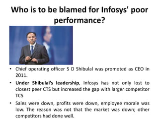 Who is to be blamed for Infosys' poor
performance?
• Chief operating officer S D Shibulal was promoted as CEO in
2011.
• U...