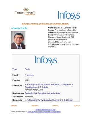 Infosys company profile and recruitment pattern: 
Company profile: Vishal Sikka is the CEO and MD of 
Infosys. Prior to joining Infosys, Dr. 
Sikka was a member of the Executive 
Board of SAP AG and the Global 
Managing Board, leading all SAP 
products and innovation 
globally.Sikka took over from 
S.D. Shibulal, one of the founders, on 
August 1. 
Type Public 
Industry IT services, 
Founded 1981 
Founder(s)  N. R. Narayana Murthy, Nandan Nilekani, N. S. Raghavan, S 
Gopalakrishnan, S D Shibulal 
 K Dinesh, Ashok Arora 
Headquarters Electronics City, Bangalore, Karnataka, India 
Area served Worldwide 
Key people N. R. Narayana Murthy (Executive Chairman), S. D. Shibulal 
Educate Motivate Activate Elevate 
www.triumphanttraining.com 
Follow us on facebook at www.facebook.com/Triumphanttrainingsolutions 
 