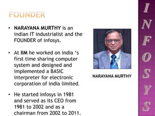 NARAYANA MURTHY
• NARAYANA MURTHY is an
indian IT industrialist and the
FOUNDER of infosys.
• At IIM he worked on india ‘s
first time sharing computer
system and designed and
implemented a BASIC
interpreter for electronic
corporation of india limited.
• He started infosys in 1981
and served as its CEO from
1981 to 2002 and as a
chairman from 2002 to 2011.
 