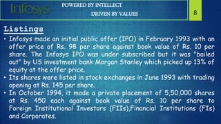 POWERED BY INTELLECT
DRIVEN BY VALUES 8
Listings
• Infosys made an initial public offer (IPO) in February 1993 with an
offer price of Rs. 98 per share against book value of Rs. 10 per
share. The Infosys IPO was under subscribed but it was "bailed
out" by US investment bank Morgan Stanley which picked up 13% of
equity at the offer price.
• Its shares were listed in stock exchanges in June 1993 with trading
opening at Rs. 145 per share.
• In October 1994, it made a private placement of 5,50,000 shares
at Rs. 450 each against book value of Rs. 10 per share to
Foreign Institutional Investors (FIIs),Financial Institutions (FIs)
and Corporates.
 
