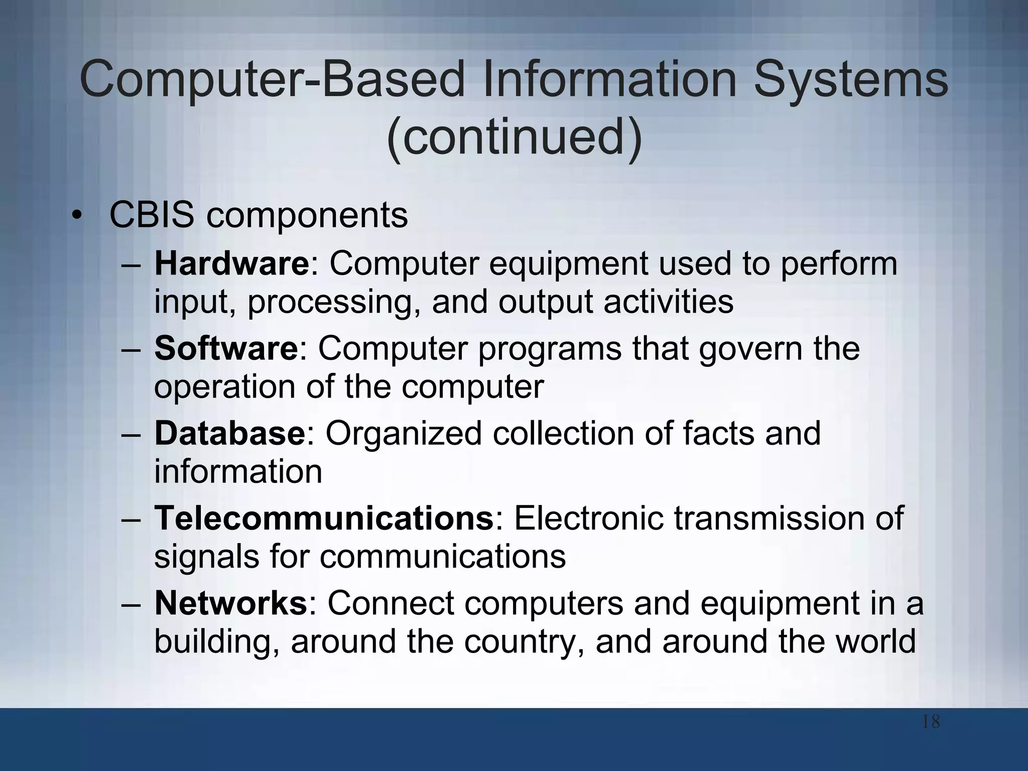 Computer-Based Information Systems (continued) CBIS components Hardware : Computer equipment used to perform input, processing, and output activities Software : Computer programs that govern the operation of the computer Database : Organized collection of facts and information Telecommunications : Electronic transmission of signals for communications Networks : Connect computers and equipment in a building, around the country, and around the world 