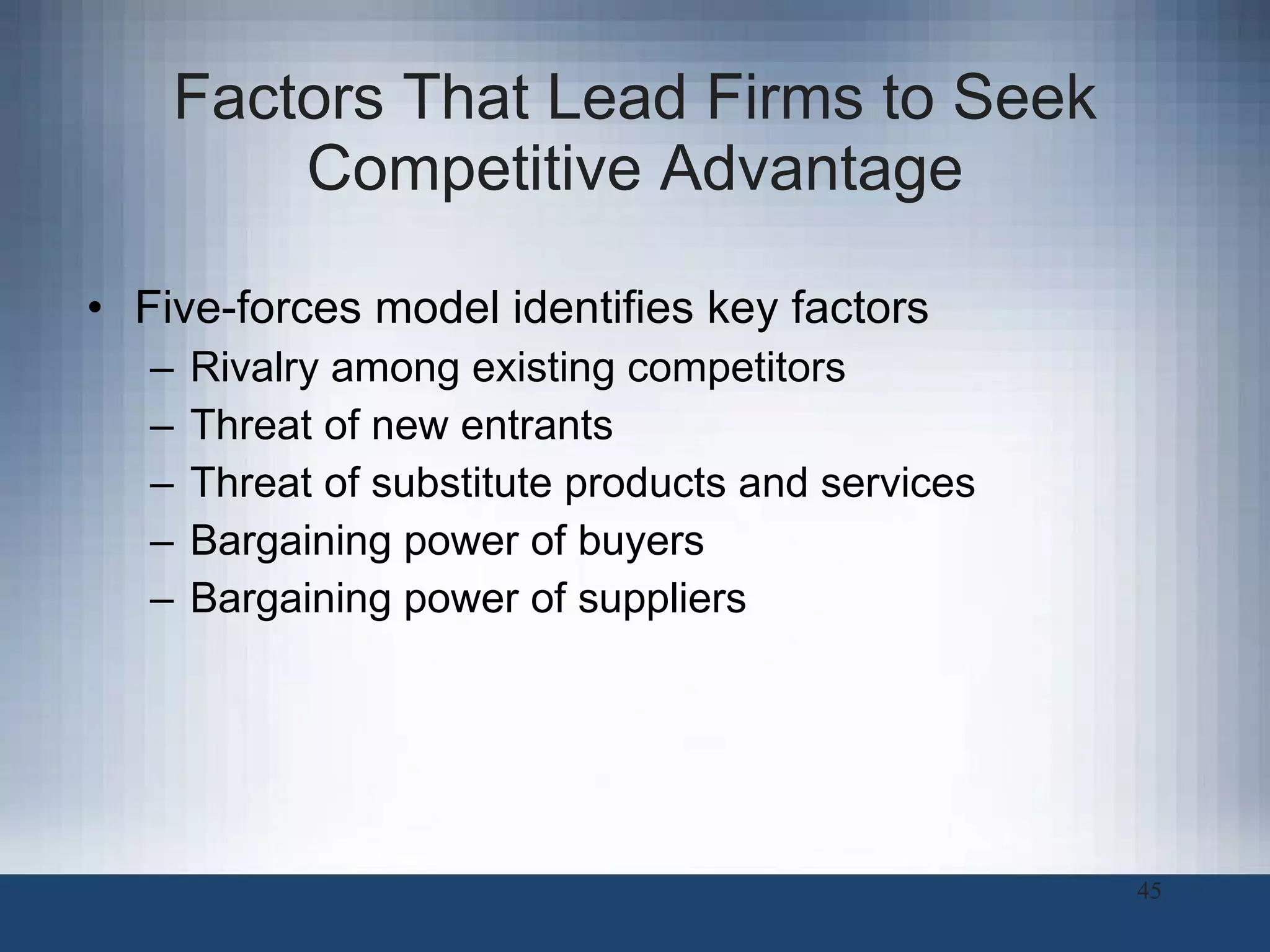 Factors That Lead Firms to Seek Competitive Advantage Five-forces model identifies key factors Rivalry among existing competitors Threat of new entrants Threat of substitute products and services Bargaining power of buyers Bargaining power of suppliers 