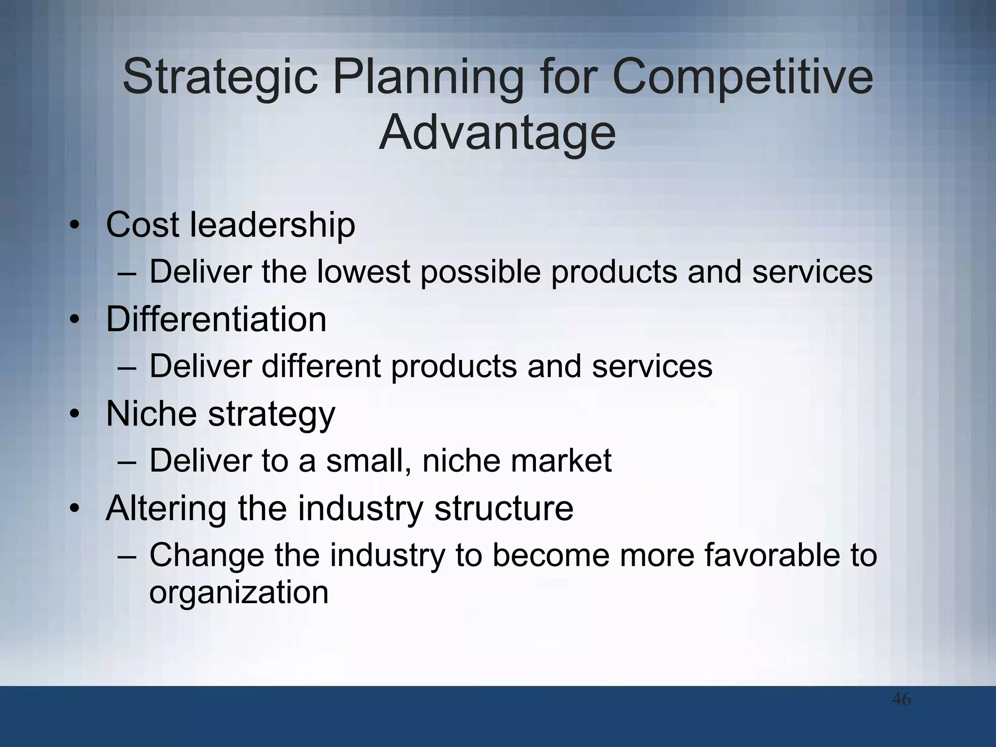 Strategic Planning for Competitive Advantage Cost leadership Deliver the lowest possible products and services Differentiation Deliver different products and services Niche strategy Deliver to a small, niche market Altering the industry structure Change the industry to become more favorable to organization 