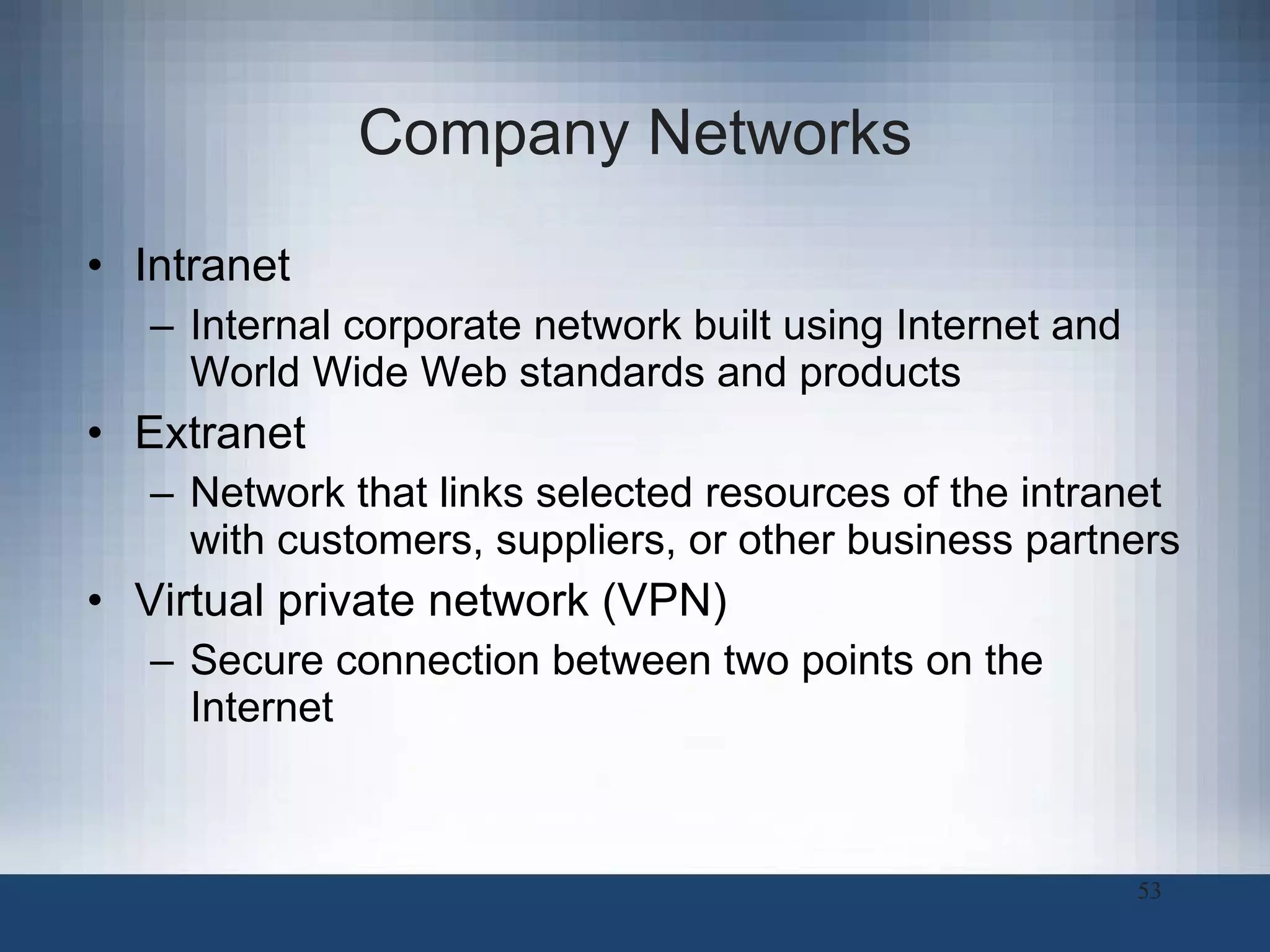Company Networks Intranet Internal corporate network built using Internet and World Wide Web standards and products Extranet Network that links selected resources of the intranet with customers, suppliers, or other business partners Virtual private network (VPN)  Secure connection between two points on the Internet 