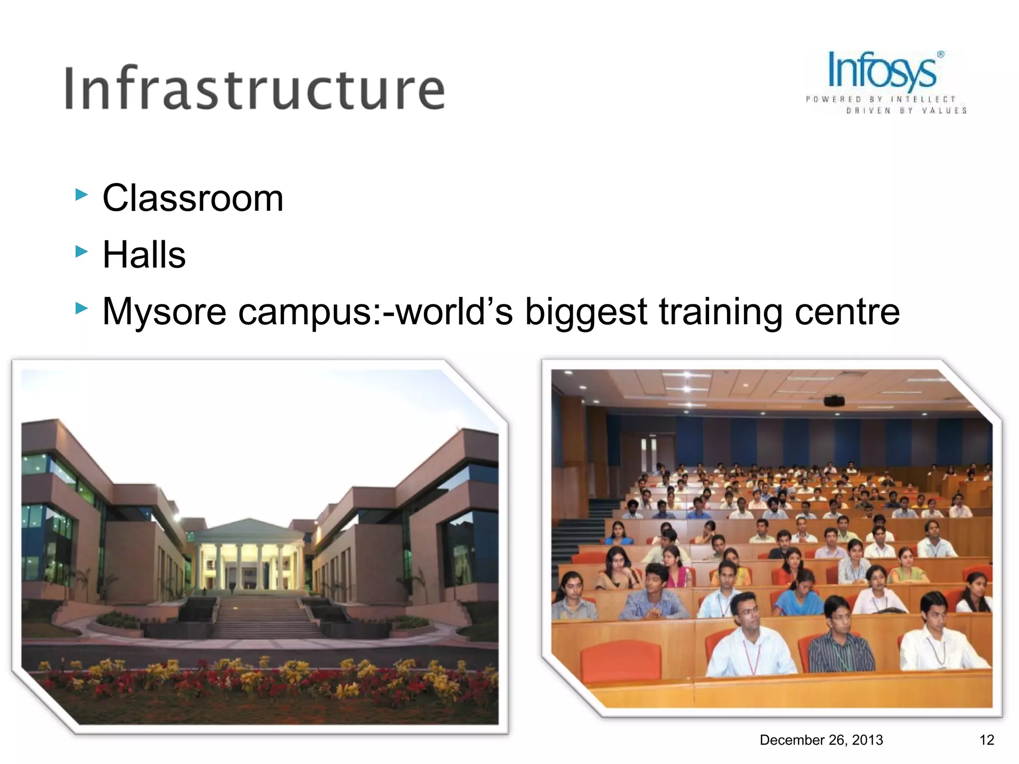 Classroom
 Halls
 Mysore campus:-world’s biggest training centre


December 26, 2013

12

 
